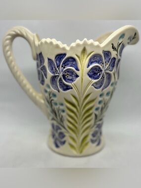 Vintage Art Pottery Hand-Painted Blue Floral Ceramic Pitcher